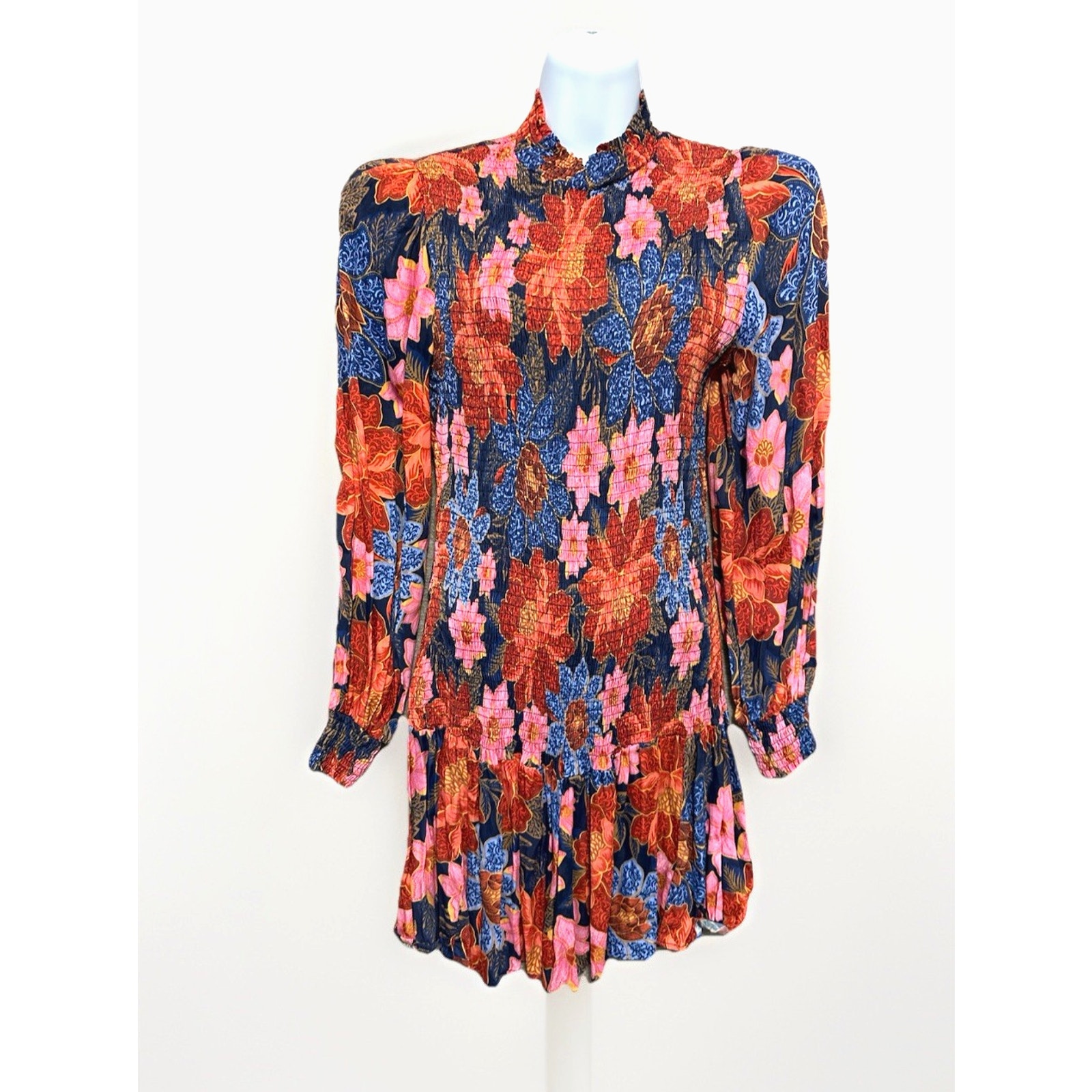 Farm Rio Smocked Mini Dress Garden Sz Xs Long Sleeve Coy Colorful Blue Pink Red